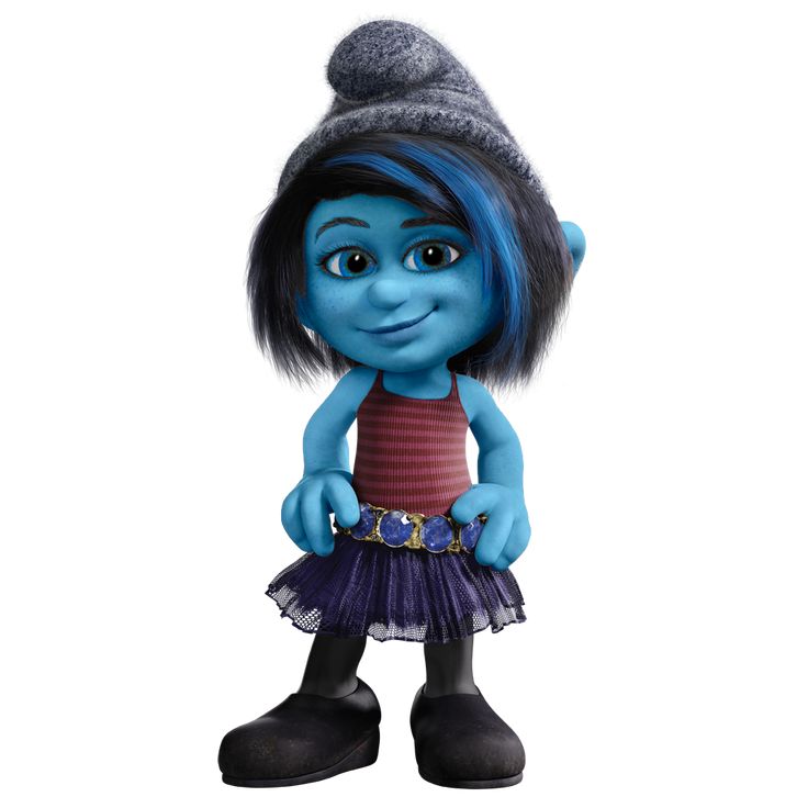 a cartoon character with blue hair and black shoes, wearing a red shirt and purple skirt