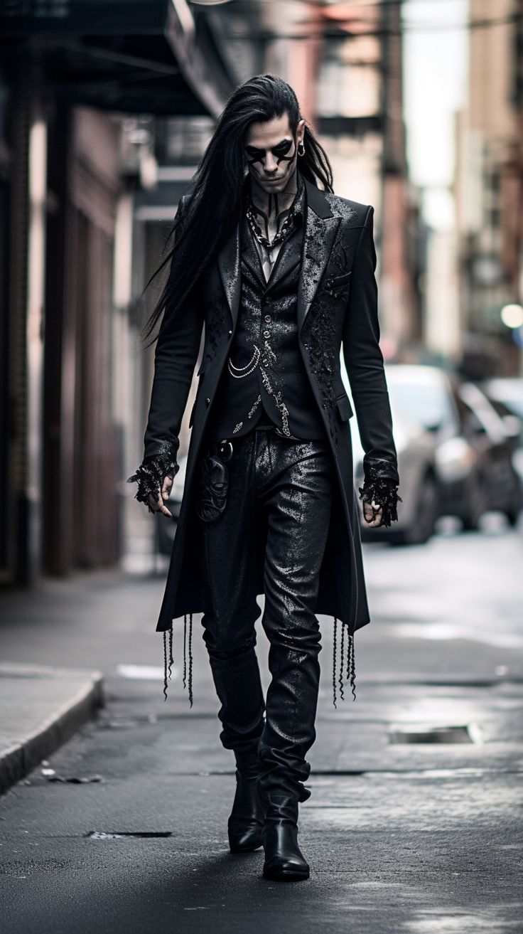 Goth man created with AI by Amanda Church Gothic Attire Men, Dark Gothic Clothes Male, Goth Wedding Outfit Men, Goth Aesthetic Masculine, Goth Mens Suit, Emo Prom Suit Men, Mens Vampire Outfit, Man Gothic Fashion, Gothic Victorian Clothing Men