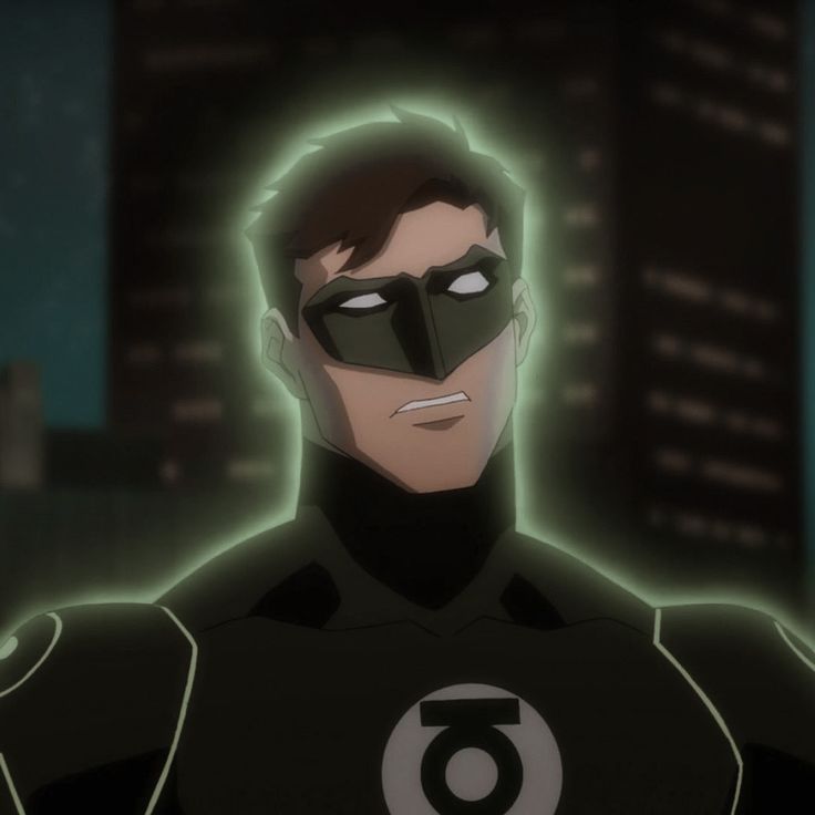 an animated image of a man in a black suit and green lantern on his face