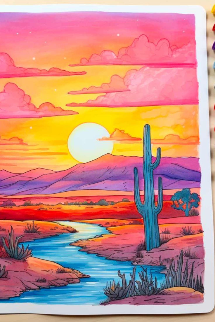 a drawing of a sunset with a cactus in the foreground and a river running through it