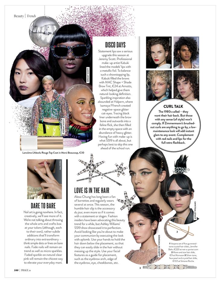 an article in the fashion magazine with pictures of models and their haircuts on it