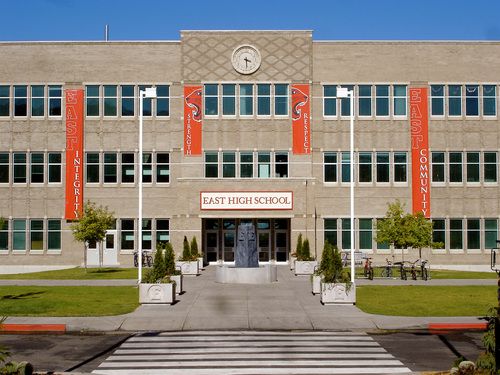 the front entrance to an east high school