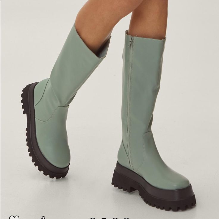 Mint Colored Boots, Brand New In Box. Size Uk 7, Us 9. Use Offer Feature For Offers! Casual Green Platform Boots For Spring, Casual Mid-calf Platform Boots For Spring, Trendy Green Boots With Lug Sole, Green Casual Platform Boots, Wellie Boots, Calf High Boots, Colored Boots, Wellies Boots, Womens Rain Boots