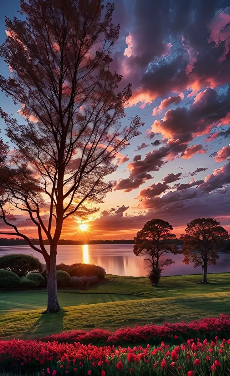 the sun is setting behind some trees and flowers in front of a body of water