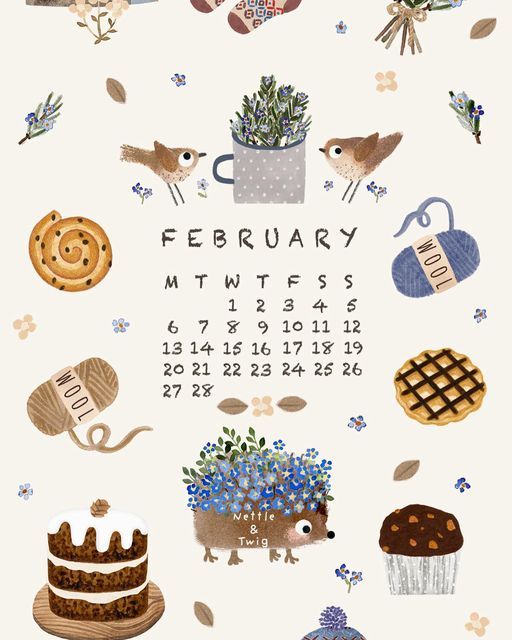 a calendar with illustrations of cakes, flowers and other things to eat for the month