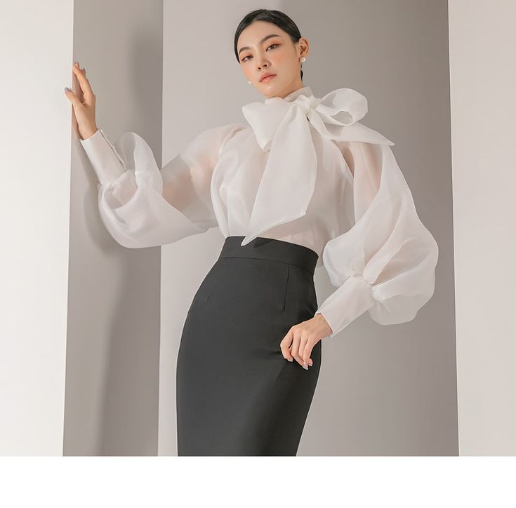 B9115 Organza See-through Scarf blouse | TOPS for Women | Korean Luxury Clothing Brand – DINT Korean Clothing Brands, Organza Tops, Scarf Blouse, Luxury Clothing Brands, Blouse Casual Fashion, Chic Shirts, Everyday Fashion Outfits, Bubble Sleeve, Designs For Dresses