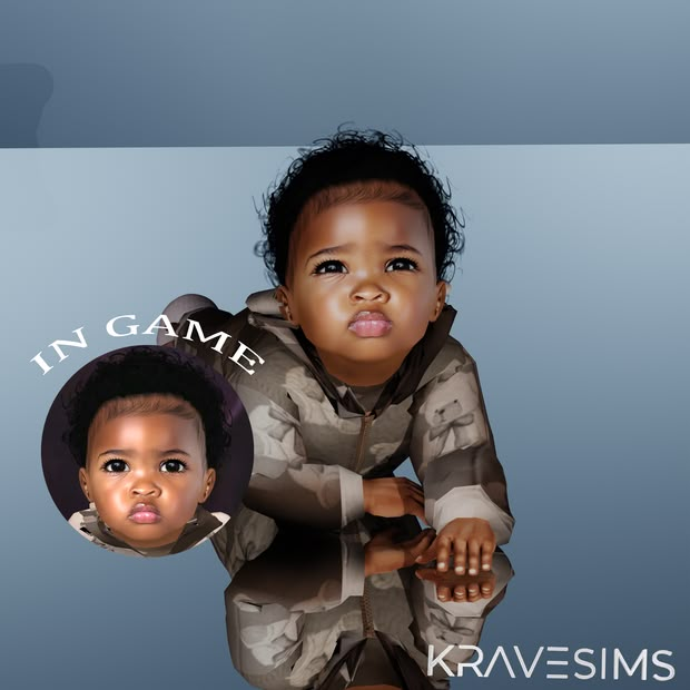 a digital painting of a baby wearing a camouflage jacket and hat with the caption in game kraveisms