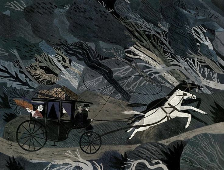 a horse drawn carriage traveling through a forest filled with trees and animals on it's back