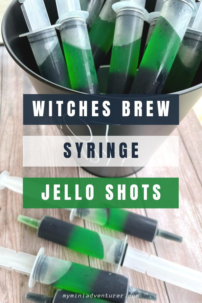 witches brew syringe jello shots in a bucket on a wooden table with text overlay