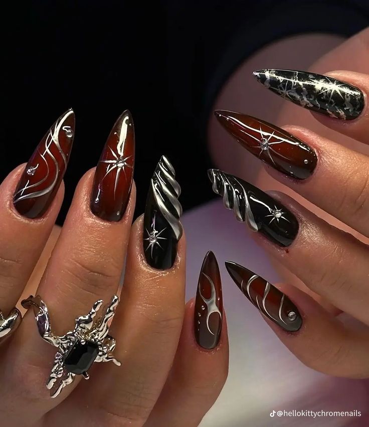 Halloween Nails Long Almond, Dark Inspired Nails, Red And Black Almond Nails Designs, Black Nails Silver Design, Nail Designs Alt, Maroon Halloween Nails, Bayonetta Nails, Long Almond Nails Black, Black Red Silver Nails