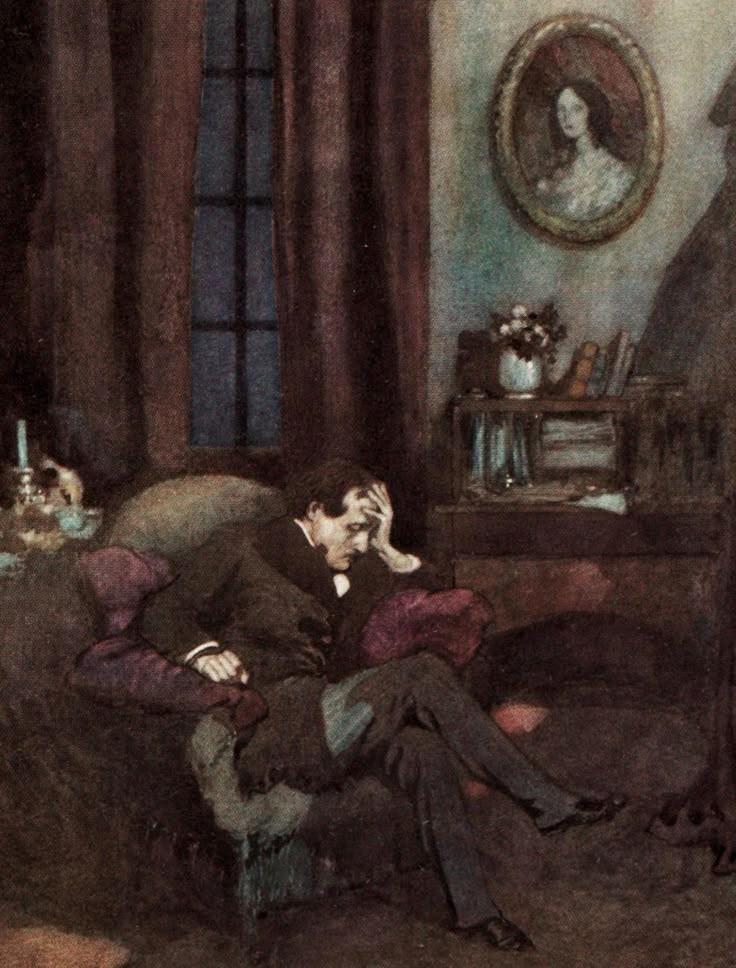 a painting of a man sitting on a couch with his hand to his face while talking on the phone