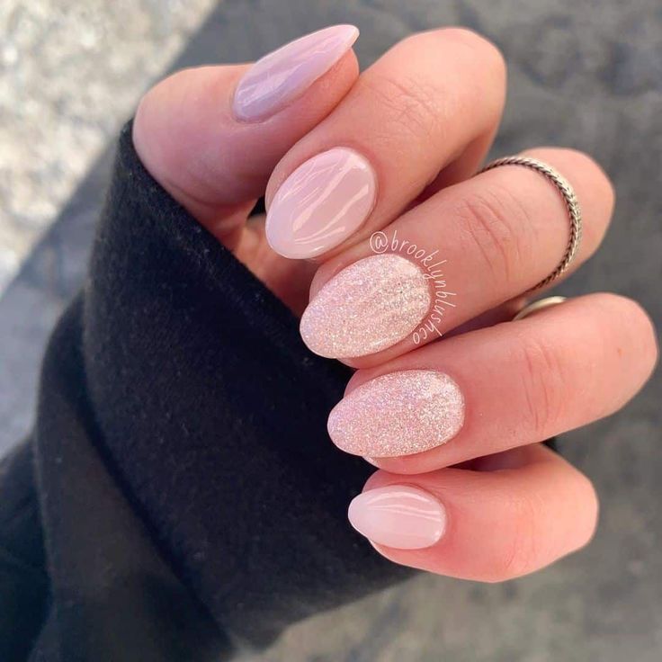 Short & Feminine Almond Nails Neutral Nails For Light Skin, Opi Glitter Dip Powder, Powder Dip Acrylic Nails, Short Almost Acrylic Nails, Pretty Almond Nails Short, Almost Shaped Nails, Dip Powder Nails New Years, New Years Nails Almond Shape Short, January Nails Almond Short