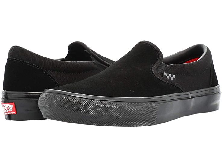 Vans Skate Slip-On - Men's Shoes : Black/Black : Step-up your skateboarding game with the Vans Skate Slip-On. This classic slip-on boasts branding tabs throughout, a higher side wall and now built extra tough to keep you going for longer skate sessions. Slip-on design with round toe. Reinforced DURACAP suede and canvas uppers. Newly designed two-part foxing tape that offers a deeper knurl pattern on the toe. Padded collar. Elastic side accents. POPCUSH energy return sockliner and footbed provide Vans Slip-on Skate Shoes For Streetwear, Vans Slip-ons With Rubber Sole For Streetwear, Urban Black Slip-on Skate Shoes, Black Slip-on Skate Shoes For Streetwear, Black Low-top Slip-ons With Vulcanized Sole, Casual Black Slip-on Sneakers For Skateboarding, Vans Black Skate Shoes For Skateboarding, Black Vans Skate Shoes For Skateboarding, Black Vans Slip-on Sneakers For Streetwear