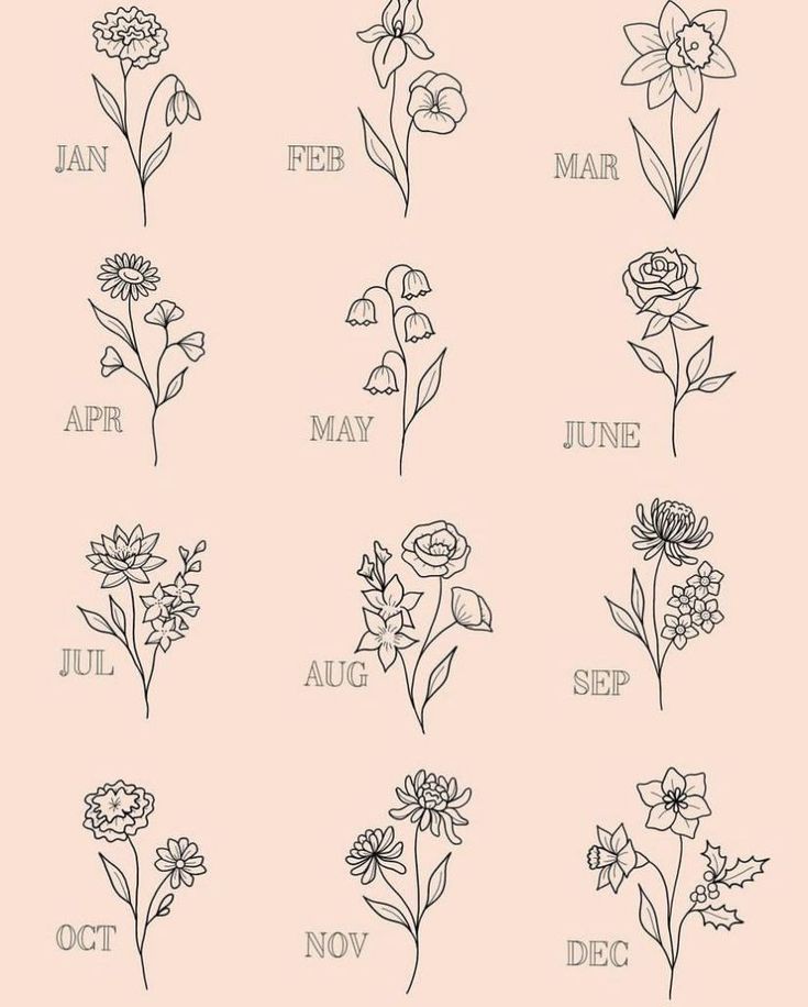 different flowers are shown in black and white on a light pink background, with the words june