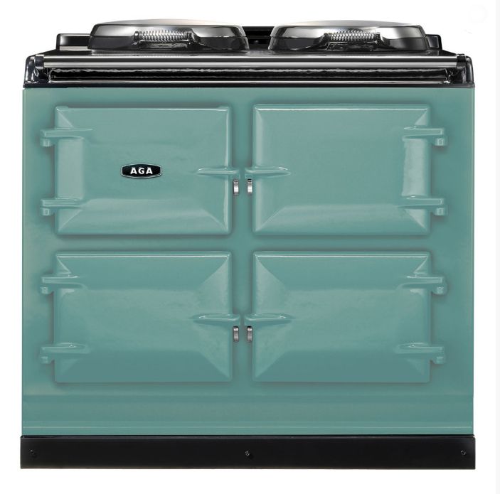 an old fashioned green stove with two burners on it's front and side