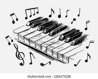 a drawing of a piano with musical notes around it and music notes on the keys