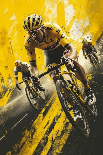 a man riding a bike on top of a yellow and black background