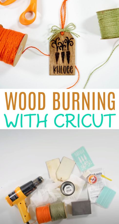 the words wood burning with cricut are shown in front of some yarn and scissors