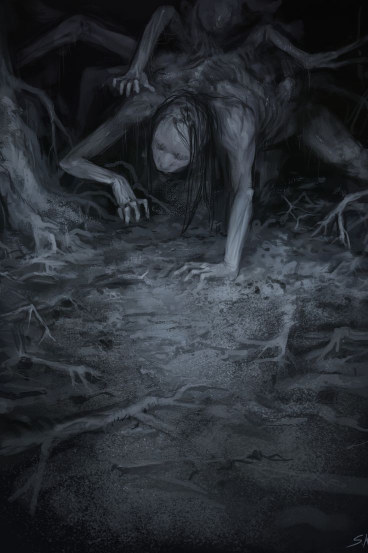 a drawing of a man in the woods with his head down and hands on his knees