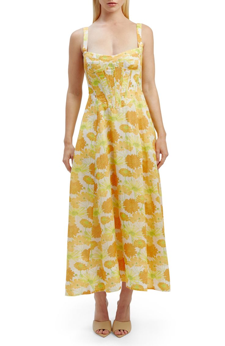 Sunny blooms brighten this dreamy midi designed with a corset-like bodice featuring structured boning for a cinched look. 44 1/2" length Exposed back-zip closure Sweetheart neck Cotton lining 100% ramie Hand wash, line dry Imported Spring A-line Maxi Dress With Smocked Back, Daywear Maxi Dress With Ruched Bodice, Fitted Ruched Bodice Maxi Dress For Brunch, Maxi Dress With Fitted Ruched Bodice For Daywear, Fitted Maxi Dress With Ruched Bodice For Daywear, Maxi Dress With Ruched Bodice For Daywear, Midi Dress With Ruched And Fitted Bodice For Brunch, Midi Dress With Sweetheart Neckline And Fitted Bodice, Spring A-line Midi Dress With Smocked Bodice