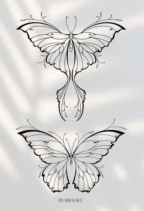 two butterfly tattoos are shown in black and white