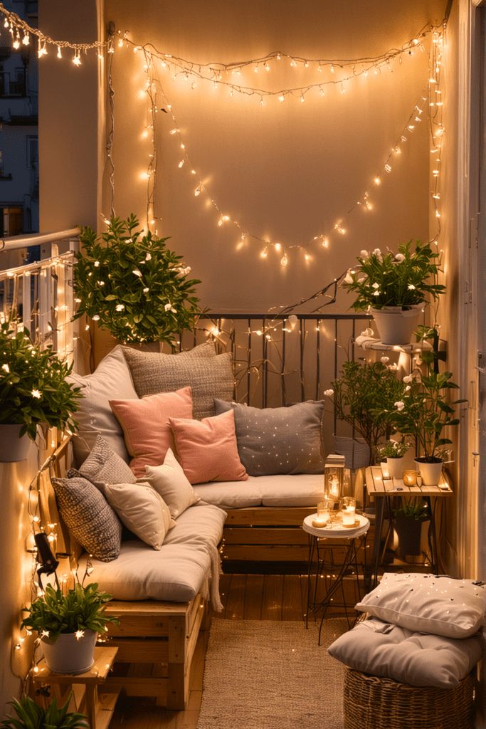 the balcony is decorated with lights and potted plants