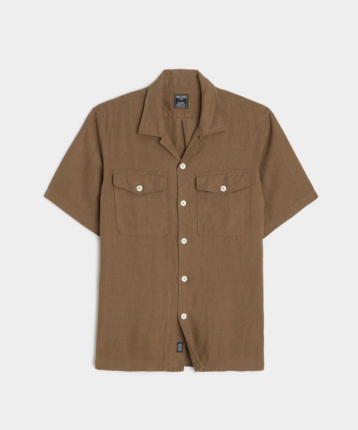 Linen Panama Shirt in Hopsack Everyday Collared Camp Shirt With Pockets, Casual Khaki Collared Camp Shirt, Khaki Collared Camp Shirt With Pockets, Khaki Collared Camp Shirt With Relaxed Fit, Relaxed Fit Khaki Camp Shirt With Collar, Khaki Relaxed Fit Collared Camp Shirt, Relaxed Fit Khaki Collared Camp Shirt, Casual Brown Camp Shirt With Pockets, Casual Camp Shirt With Johnny Collar And Pockets