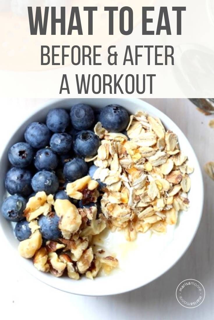 blueberries and granola in a white bowl with the words what to eat before & after a workout