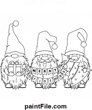 three gnomes with christmas decorations on their heads and the words merry written across them