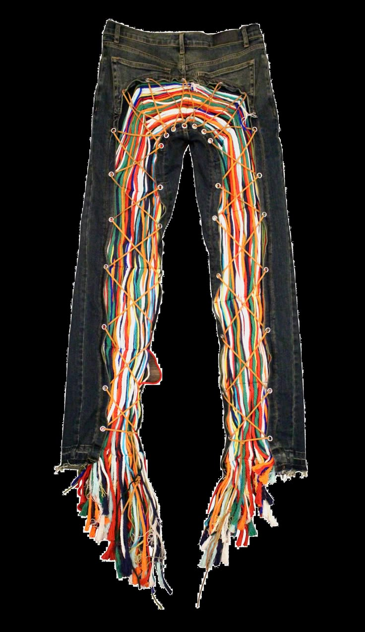 Stretched Slim Fit Denim Yarn Pants Jeans, Bejeweled Clothes, Yarn Jeans, Rainbow Jeans, Custom Jeans Diy, Jeans With Patches, Crazy Pants, Unique Sewing Patterns, Unique Outfit Ideas