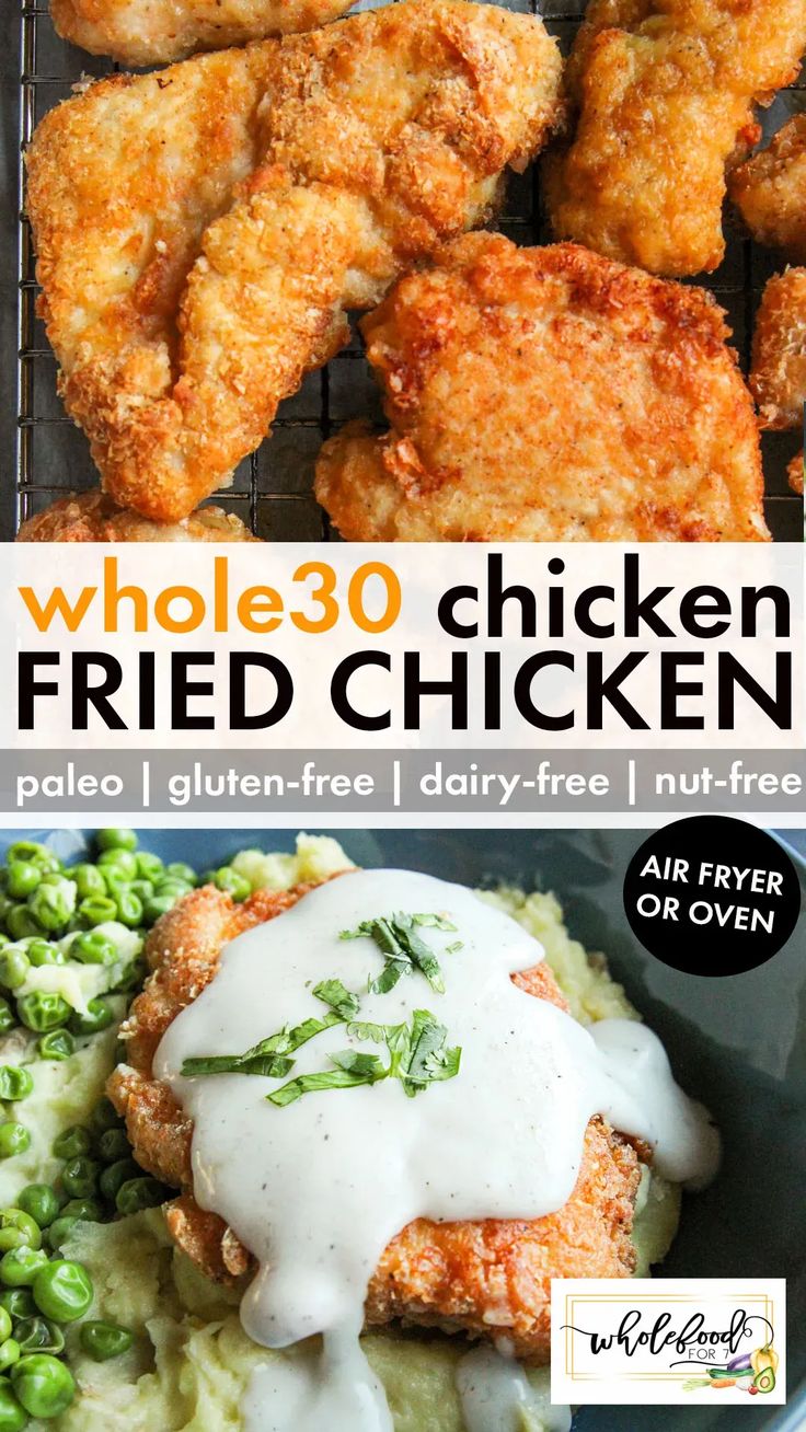 Whole30 Chicken Fried Chicken - Paleo, gluten-free, dairy-free, nut-free, with egg-free option. Air fryer or oven! With delicious country gravy. Whole30 Fried Chicken, Whole 30 Fried Chicken, Gluten Dairy Egg Nut Free Recipes, Chicken Recipes Gluten Free Dairy Free, Whole 30 Chicken Nuggets, Whole30 Chicken Thighs, Whole30 Chicken Breast Recipes, Gluten Free Country Fried Chicken, Whole 30 Air Fryer Chicken