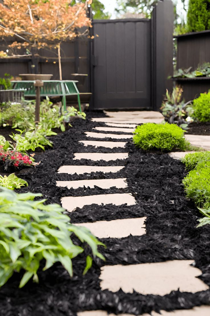 a garden with black and white stepping stones