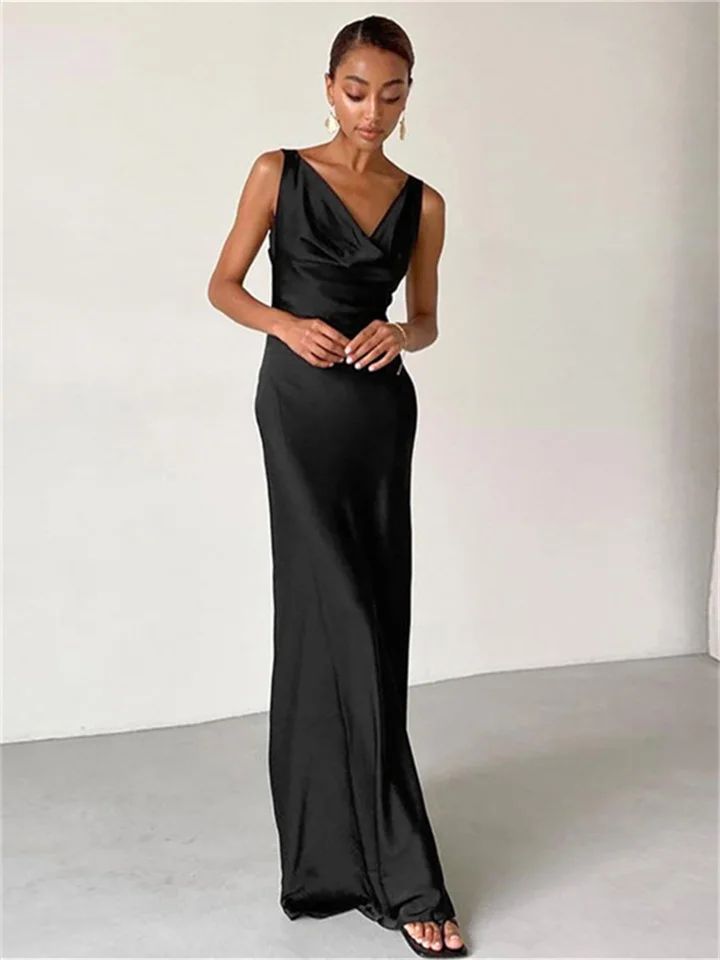 Ice Silk Imitation Silk Swinging Collar Sexy Backless Dress Black Silk Evening Dress, Black Bridesmaid Dresses Satin, Black Satin Bridesmaid Dresses, Elegant Black Dresses, Black Mermaid Gown, Black Silk Midi Dress, Backless Dress Black, Elegant Styling, Black Collared Dress