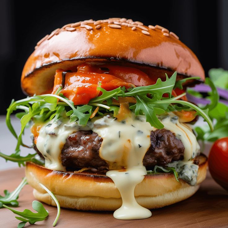 a cheeseburger with lettuce, tomato and dressing on a wooden cutting board