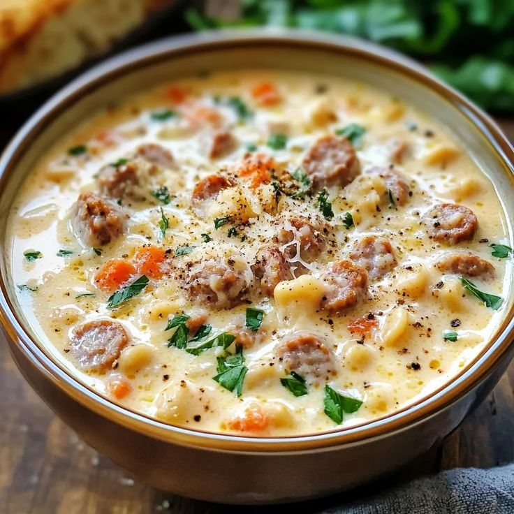 a close up of a bowl of soup on a table with bread in the background