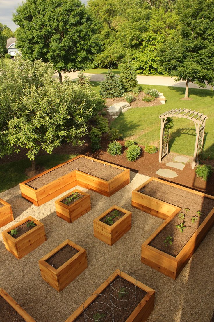 an aerial view of a garden with raised beds