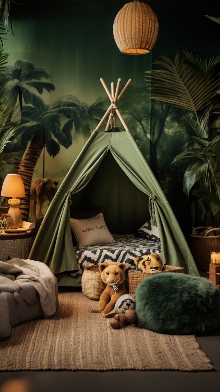 Kids Room Idea Jungle Bedroom Kids, Safari Bedroom Kids, Jungle Theme Kids Room, Jungle Bedroom Theme, Jungle Theme Rooms, Kids Jungle Room, Safari Bedroom, Jungle Bedroom, Safari Room