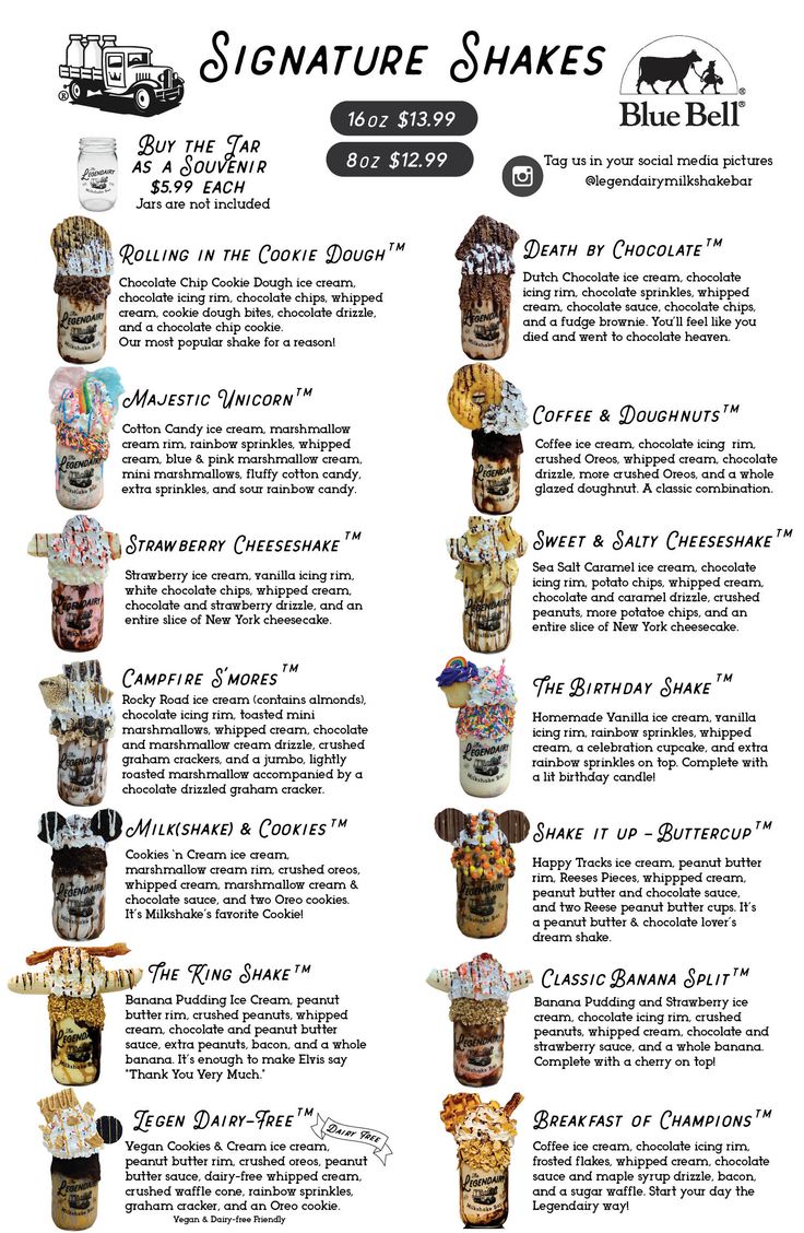 the menu for blue bell's signature shakes