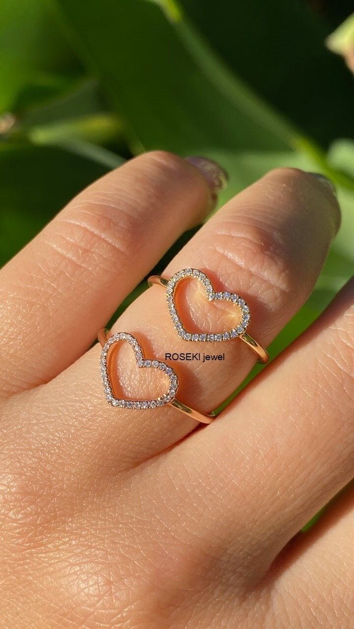 Open Heart Diamond Moissanite Ring/Open Heart Diamond Stacking Ring/14K Solid Gold Love Ring for her/Anniversary Gift Ring/Wedding Gift Ring **𝐃𝐢𝐚𝐦𝐨𝐧𝐝 𝐃𝐞𝐭𝐚𝐢𝐥𝐬** > Center Stone : Moissanite & Lab Diamond (Lab Diamond Means Simulated Diamond) > Center Stone Shape : Round Cut > Center Stone Colour : D - White (Colorless) > Stone Clarity : VVS1 ✦All metals are available - 925 Sterling Silver, 10K Solid Gold,14K Solid Gold, 18K Solid Gold (in Rose, White, Yellow) ✦ This ring is made to Anniversary Heart Cut Diamond Ring In Rose Gold, 14k Gold Heart-shaped Proposal Jewelry, Open Heart Diamond Ring For Anniversary, Open Heart Diamond Wedding Ring, Gold Heart Cut Jewelry For Proposal, Anniversary Rose Gold Heart Cut Diamond Ring, Valentine's Day Wedding Rings With Diamond Cut, Brilliant Cut Double Heart Rings For Anniversary, Open Heart Diamond Ring For Anniversary On Valentine's Day