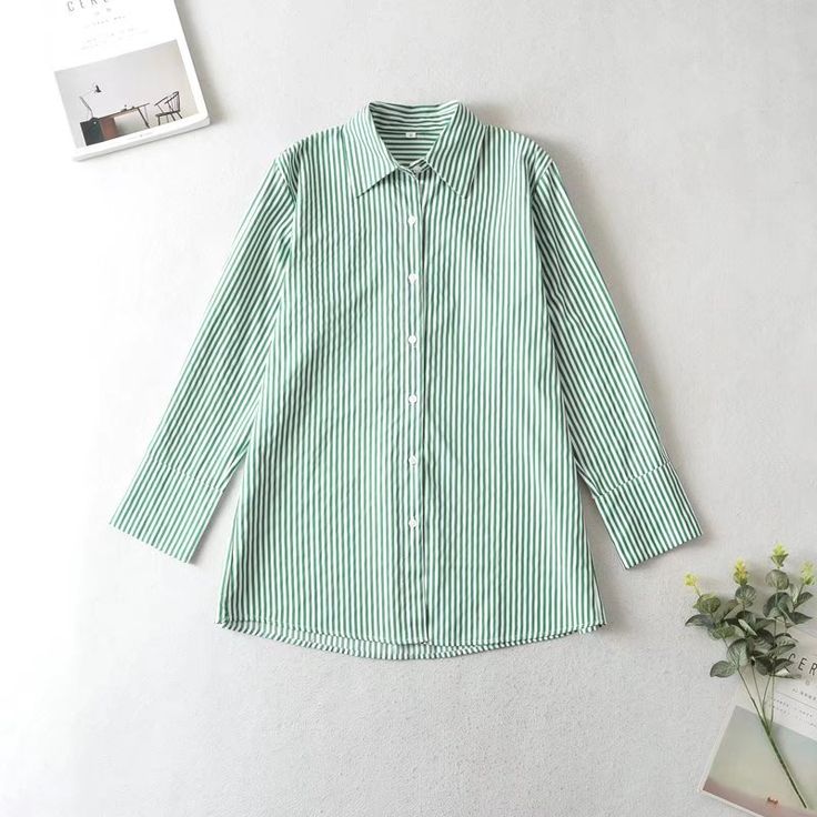 Elegant Slightly Mature Collared Single Breasted Top Mid-Length Women Clothing Spring/Summer Striped Contrast Color Long Sleeves Shirt - Blue,L Green Long Sleeve Beach Shirt, Green Button-up Summer Blouse, Green Summer Button-up Blouse, Green Long Sleeve Shirt For Vacation, Green Long Sleeve Vacation Shirt, Green Summer Button-up Shirt, Green Spring Beach Shirt, Green Long Sleeve Summer Blouse, Green Long Sleeve Summer Shirt