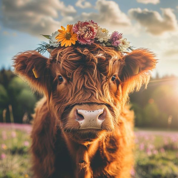 a brown cow with a flower crown on its head