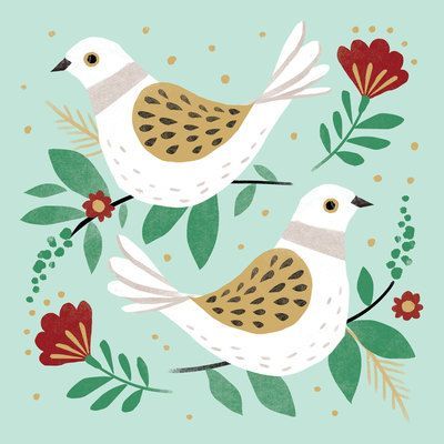 two white birds sitting on top of green leaves and red flowers with gold dots in the background