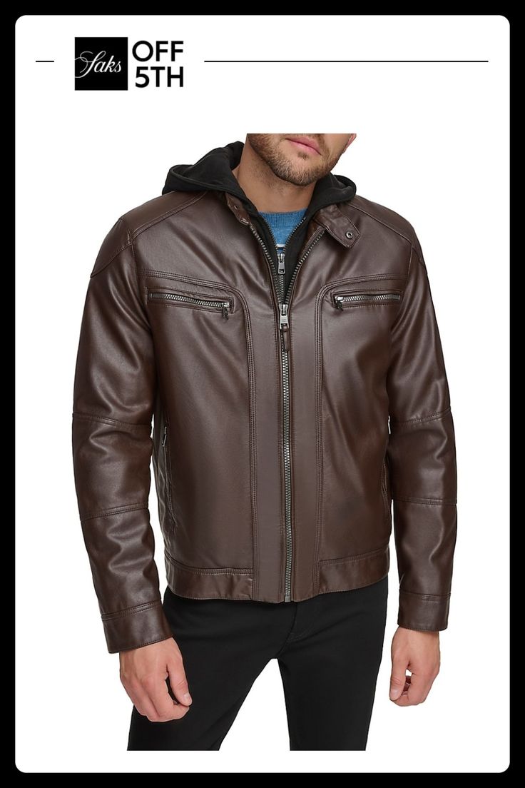 From The Fall Collection. This Calvin Klein Moto Jacket Features A Removable Knit Hooded Bib And A Triple Needle Stitching Detail. Attached Hood Snap Button Collar Long Sleeves Zip Front Chest Zip Pockets Lower Zip Pockets Lining Welt Pocket Lining: Polyester 100% Polyester Spot Clean Imported. Men's - M Outerwear > Saks Off 5th. Calvin Klein. Color: Brown. Size: M. Winter Leather Jacket With Double-lined Hood, Fall Hooded Leather Jacket With Padded Collar, Casual Brown Outerwear With Detachable Hood, Leather Jacket With Double-lined Hood For Cold Weather, Fitted Hooded Jacket With Zipper For Fall, Brown Hooded Jacket For Fall With Zipper Closure, Brown Hooded Jacket For Fall With Zipper, Casual Winter Biker Jacket With Button Closure, Hooded Leather Jacket With Zipper For Fall