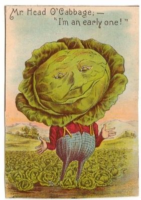 an old fashioned card with a cabbage on it's face and hands in the air