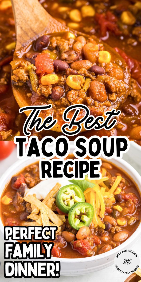 Taco soup in a white bowl. Easy Fall Dinner Ideas Ground Beef, Stovetop Taco Soup Recipe, Taco Alternative Dinners, 8 Can Taco Soup Recipe Beef, Stove Top Taco Soup Ground Beef, Tortilla Soup With Ground Beef, Homemade Taco Soup, 7 Can Taco Soup Recipe Easy, Fall Soup Recipes Ground Beef