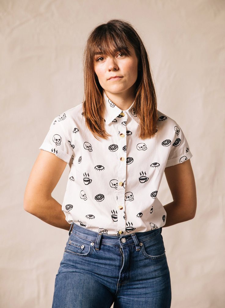 The Morning Glory is a cut-n-sew button-up top. Men's are made of poplin fabric and women's are made of a soft, vintage style cotton. The shirt features an all-over print of an eye, skull, donut, and cup of coffee as well as tortoise buttons. Features: 100% Comfy & Lightweight Cotton Unique All-Over Print Design Standard Shirt Collar Tortoise Buttons Available in White Love the Fit? Then please hang dry! Do not put in the dryer. Sew Blouse, Sew Button, Hipster Food, Donut Shirt, Food Shirt, Hawaiian Tiki, Wardrobe Wishlist, Coffee Shirts, Fleece Sweater