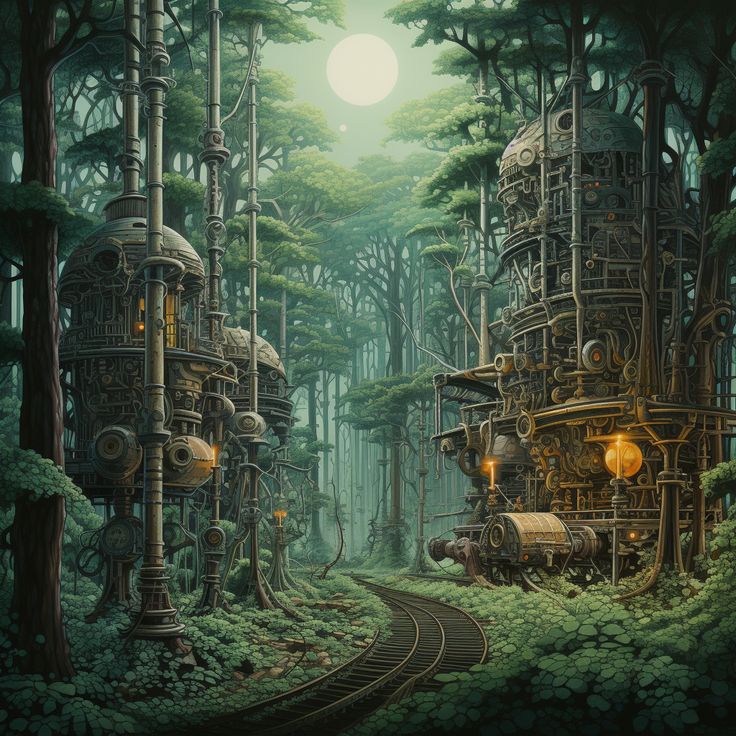 a painting of a train in the middle of a forest filled with lots of trees