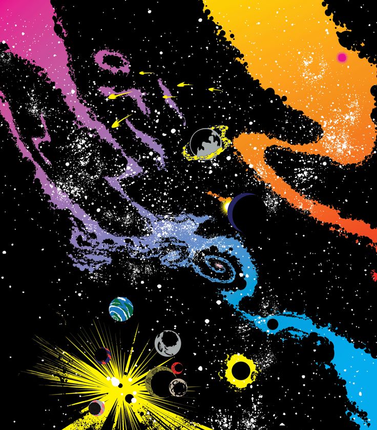 an abstract painting with different colors and shapes in the space, including stars and planets