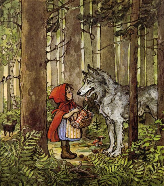 an illustration of a little red riding on the back of a wolf in the woods