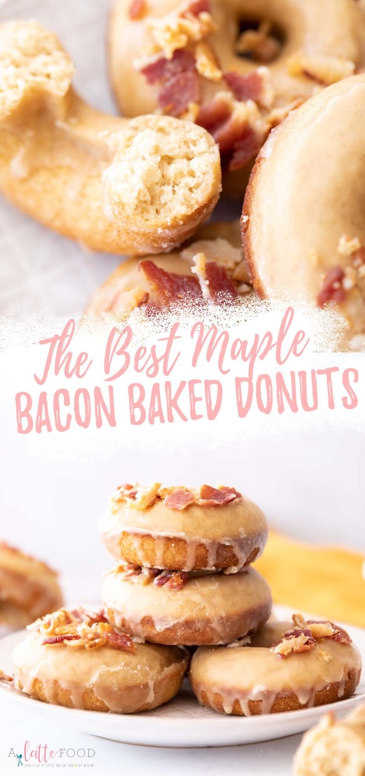 the best maple bacon baked donuts are stacked on top of each other and ready to be eaten